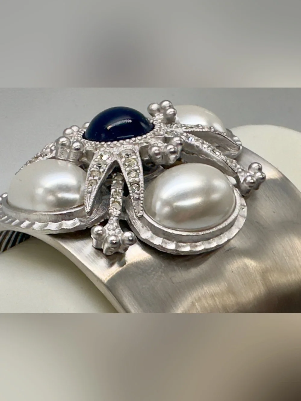Vintage St John Cuff Bracelet Silver Tone Hinge Bangle Pearl Rhinestone 80s